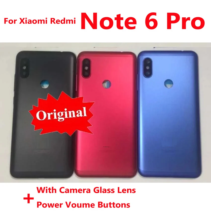 Оригинал для Xiaomi Redmi Note 6 Pro Задняя крышка аккумулятора дверца корпуса Задняя крышка корпуса со стеклянным объективом камеры Кнопки включения громкости