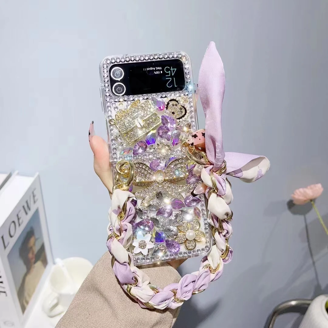 Шелковый чехол для телефона на запястье со стразами и бриллиантами Samsung Galaxy Z Flip 5 3 4 5G