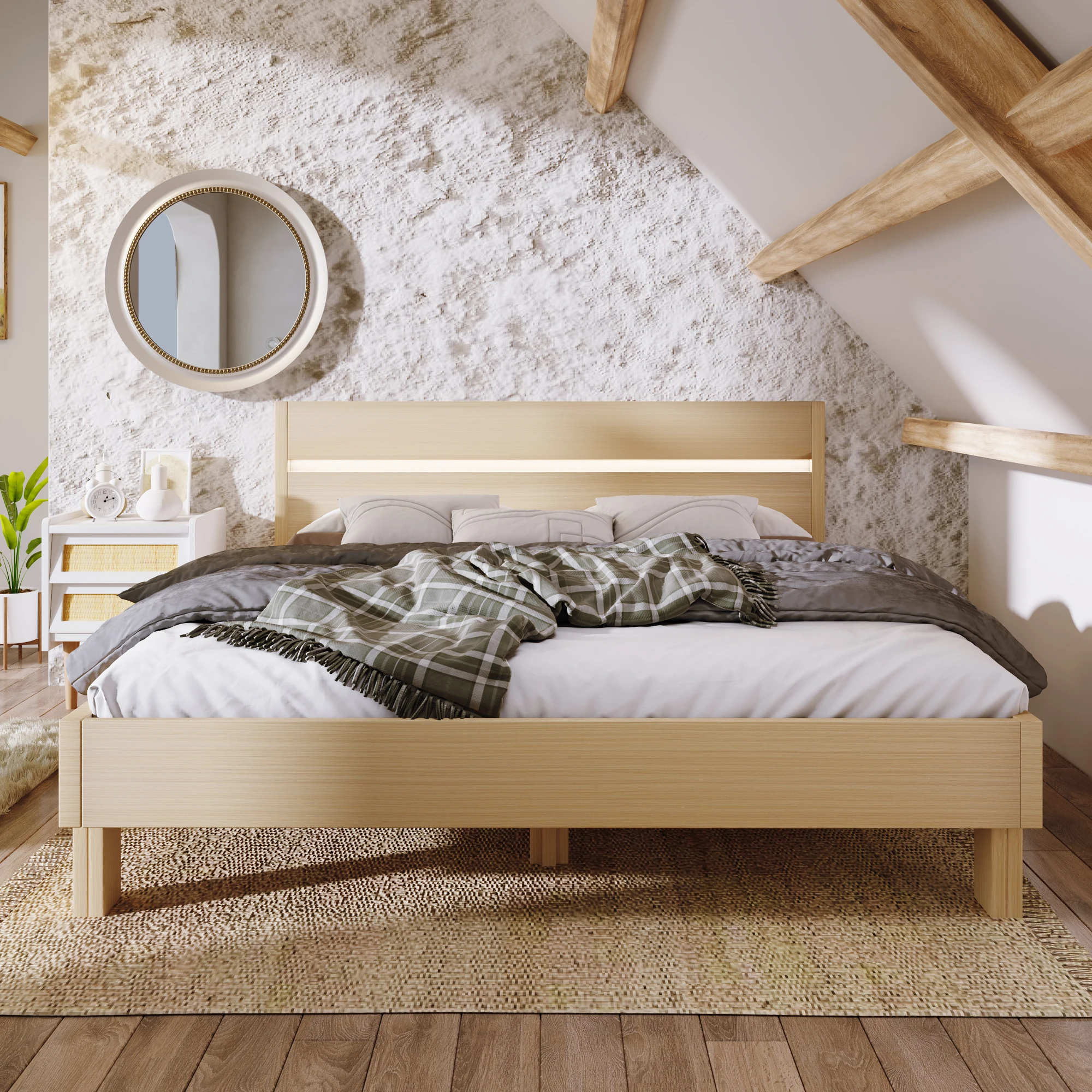 Светодиодная Деревянная кровать для хранения 140x200 см, двуспальная кровать с изголовьем, изготовленная из каркаса кровати с решетчатой рамой