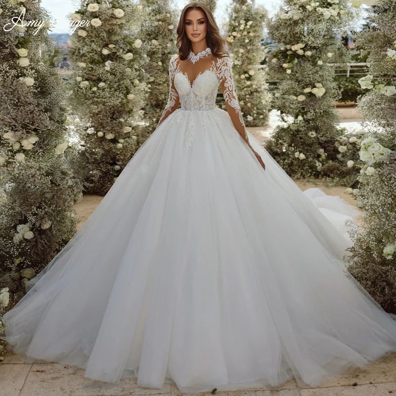 AmyLvager Винтажное Бальное платье с высоким воротником и пуговицами, Свадебное платье 2023, Нежные аппликации из бисера, Длинные рукава, Свадебное платье Принцессы