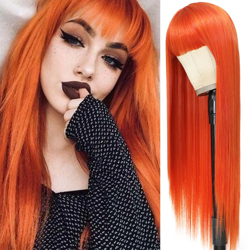 Оранжево-рыжий синтетический парик с прямой челкой, натуральный черно-коричневый блондинистый парик для женщин из термостойкого волокна для ежедневного косплея