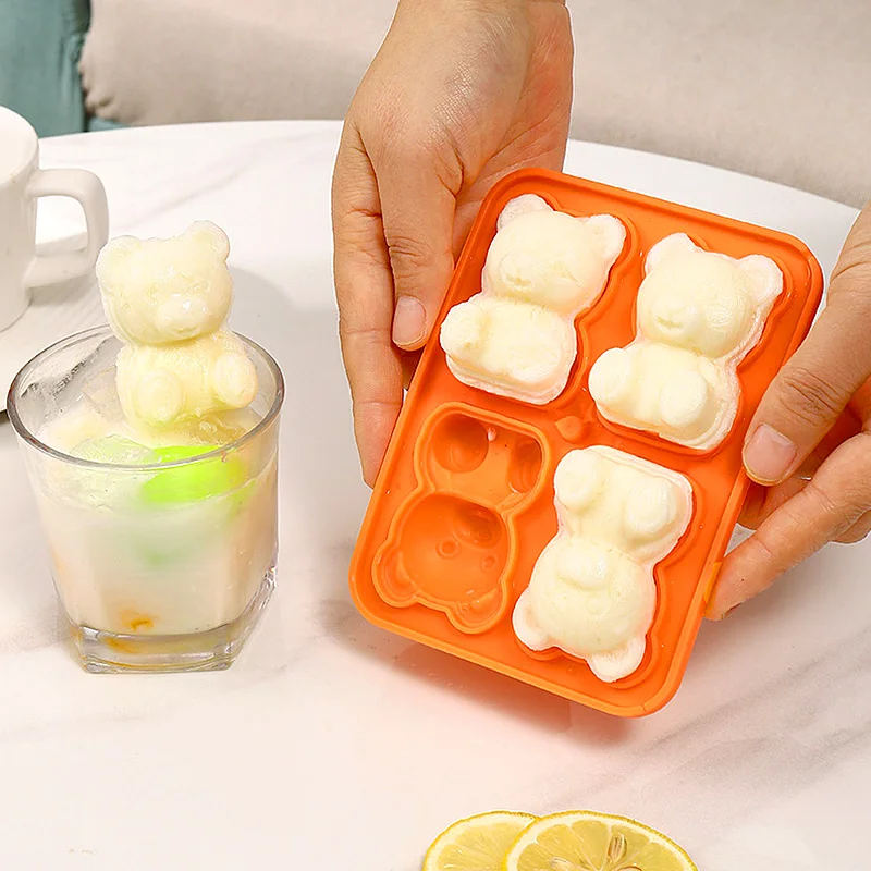 Силиконовая форма для кубика льда в форме маленького Плюшевого Мишки с 4 сетками, 3D Форма для кубика льда для виски Little Bear, Форма для домашнего бара, Форма для коробки для мороженого