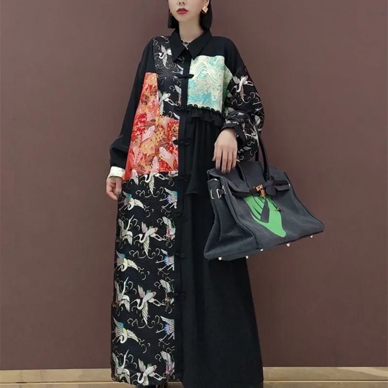 Женское платье-рубашка с рисунком в китайском стиле, блузка с длинным рукавом и отложным воротником, повседневная тонкая одежда, весенняя одежда