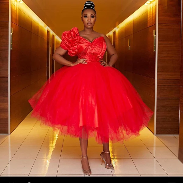 Платья для выпускного вечера из тюля Aso Ebi трапециевидной формы до середины икры, красные платья для свадебных вечеринок, пышное женское платье из атласа на одно плечо, Южная Африка