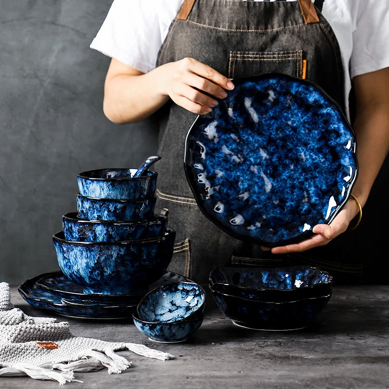 Керамические тарелки, подносы и миски, синие тарелки, креативность, японский стиль, ретро, набор посуды, табличка с ценой