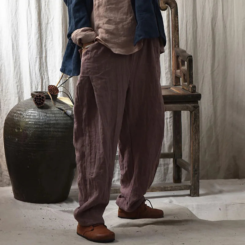 Johnature Женские винтажные Широкие брюки с вышивкой, льняные брюки, осень 2023, эластичный пояс, однотонная женская одежда, Повседневные брюки
