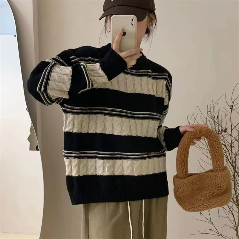 Свитер в полоску контрастного цвета 2022 года, Новый Ретро Японский Мягкий Вязаный пуловер с круглым вырезом, свитер, Женская верхняя одежда