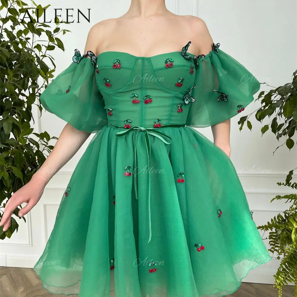 Новые вечерние платья Эйлин 2023, коктейль из платьев для женщин, вечеринка, Свадебный вечер, Мини-юбка с пышными рукавами зеленого цвета.