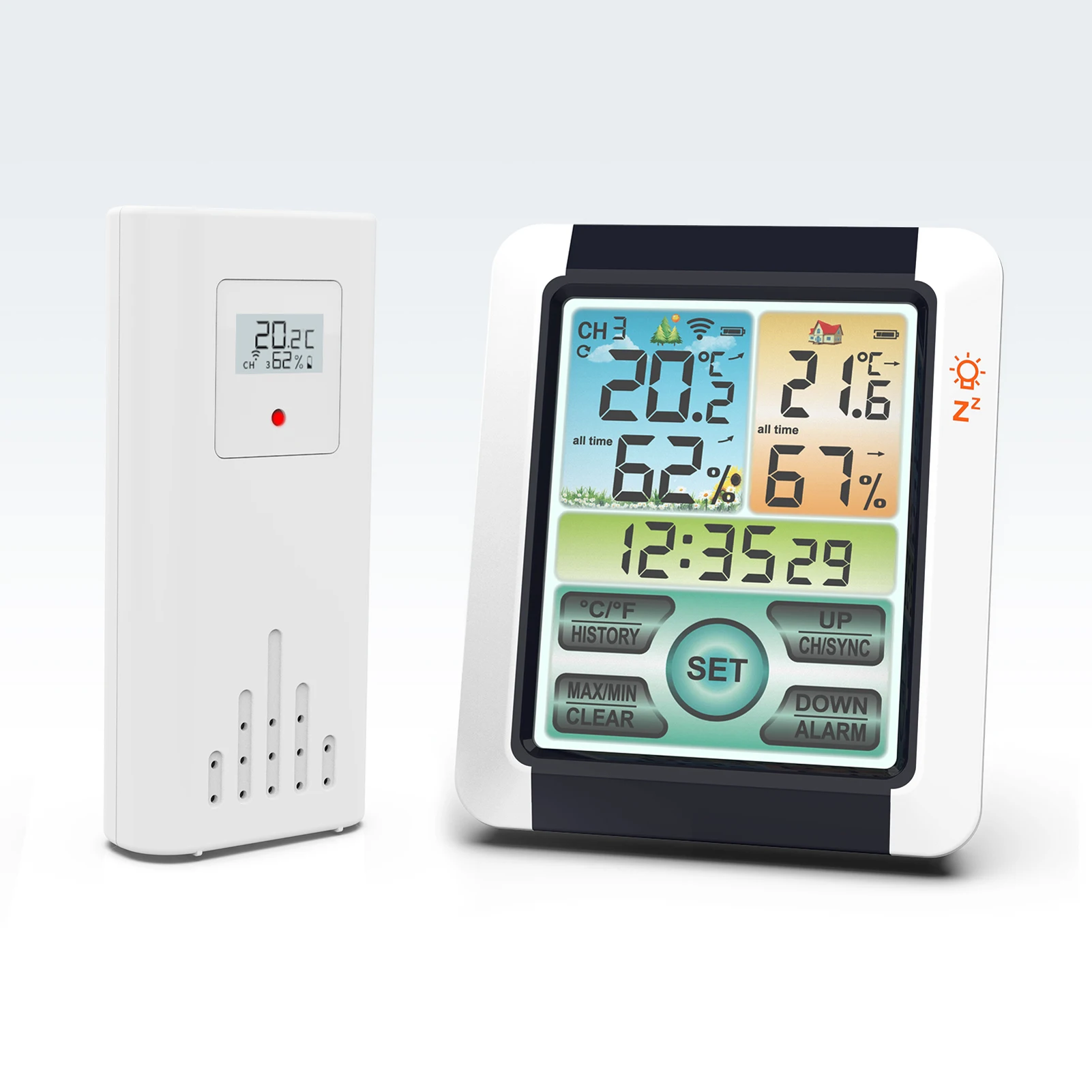Измеритель влажности в помещении и на улице Цветной сенсорный экран с подсветкой, Таймер повтора будильника, Измеритель температуры и влажности