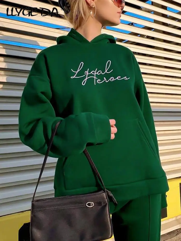 Винтажный Зеленый пуловер с буквами, толстовка с капюшоном, Женская повседневная флисовая толстовка с длинным рукавом на осень-зиму, женская уличная одежда 2022, женский топ