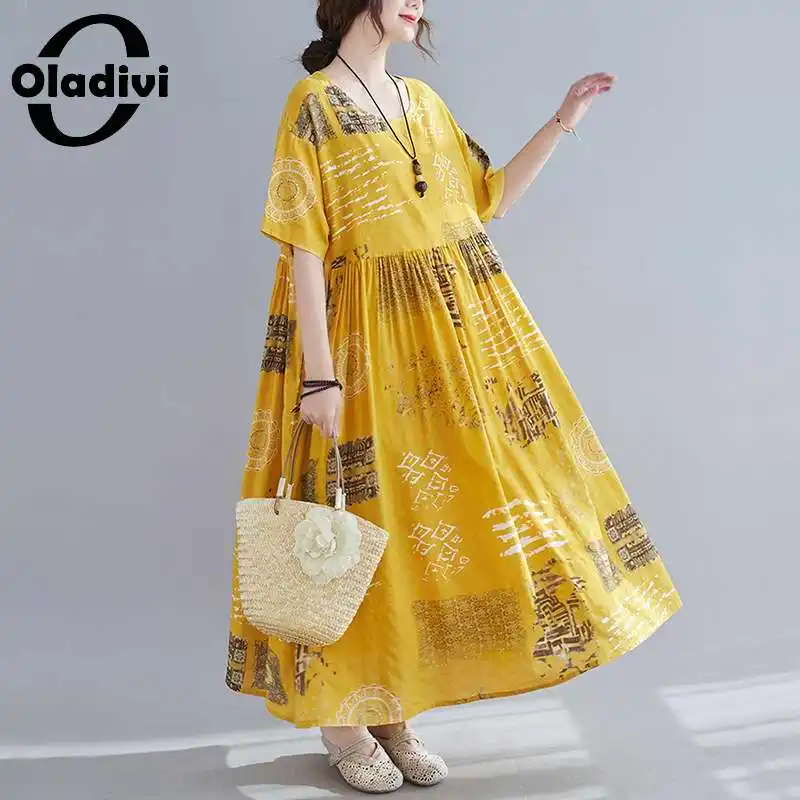 Oladivi Негабаритная богемная пляжная одежда, богемное длинное платье с модным принтом, женские летние платья в стиле бохо с коротким рукавом, туника, халат 8902