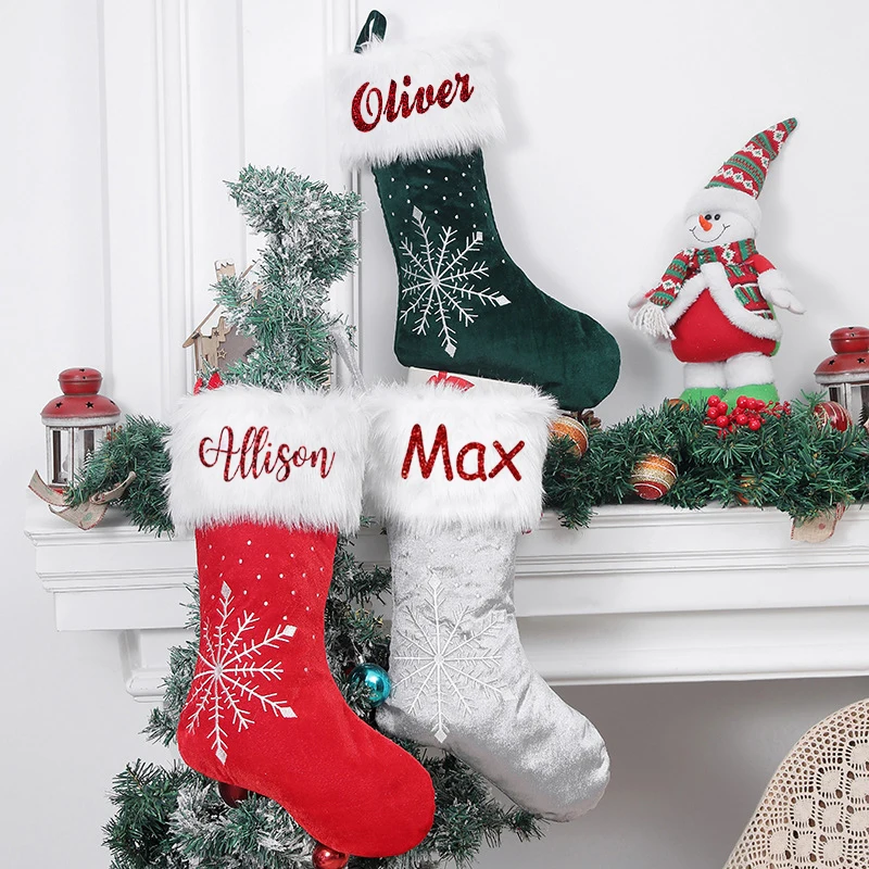 Персонализированные семейные рождественские чулки, изготовленные на заказ красные рождественские чулки с названием Holiday Stocking Рождественские бархатные чулки