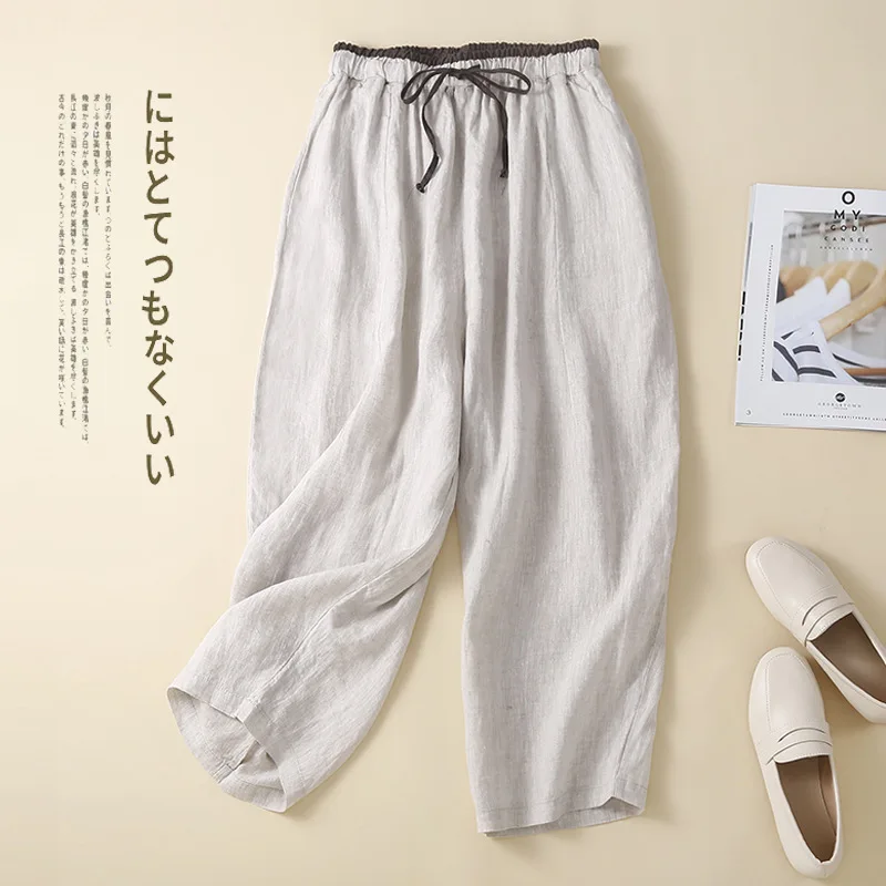 2023 Летние женские новые Однотонные хлопчатобумажные брюки из конопли, Корейская мода, повседневные Женские брюки с высокой талией, девять широких штанин, LuckBN