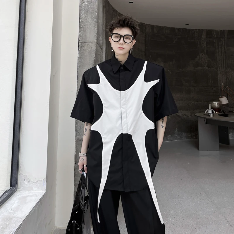 2023 Черно-белый Дизайн контрастного цвета, Корейская Модная Рубашка с коротким рукавом, Мужская блузка в геометрическом стиле Пэчворк