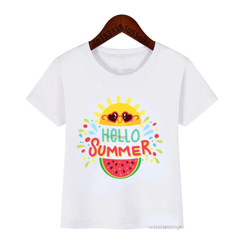 привет, лето, готово к лету, детские футболки с принтом, забавный детский топ с короткими рукавами для мальчиков и девочек, летние модные футболки с круглым вырезом для детей