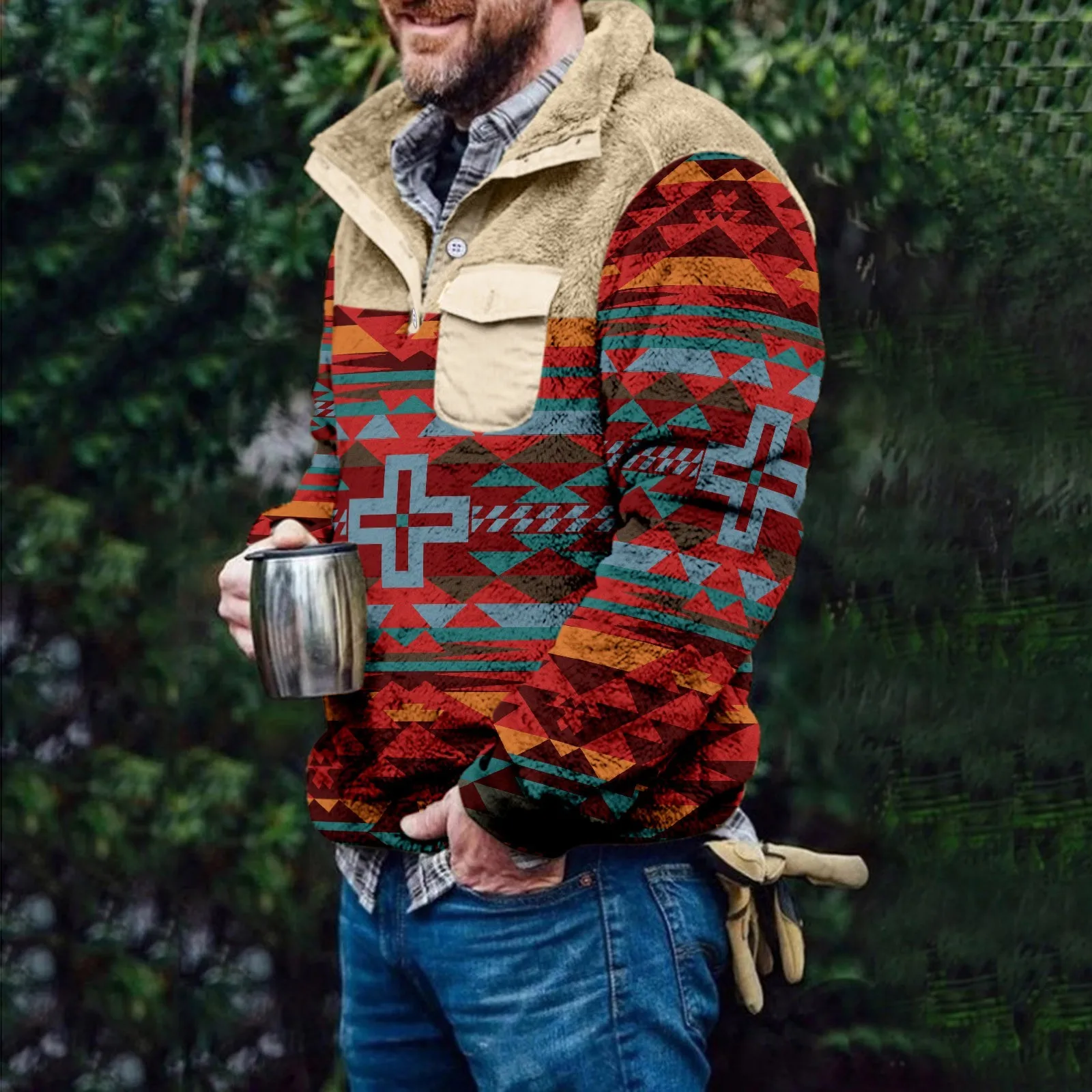 Мужское пальто, толстовка, теплая толстовка с V-образным вырезом и принтом в стиле ретро, воротник-стойка, утолщенное зимнее пальто-свитер