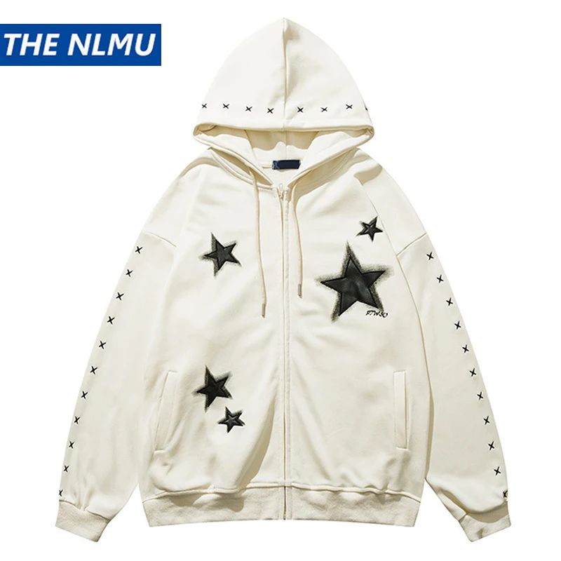 Куртка с капюшоном в стиле хип-хоп на молнии Y2K, пальто с капюшоном на молнии с нашивкой в виде звезды, Осень 2023, повседневная свободная мешковатая толстовка в стиле ретро, пальто