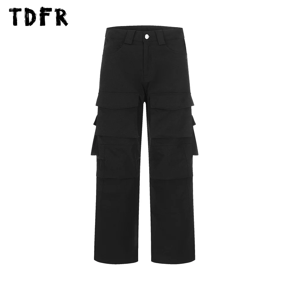 Прямые брюки-карго с несколькими карманами, однотонная мужская повседневная уличная одежда, Свободные брюки для мужчин