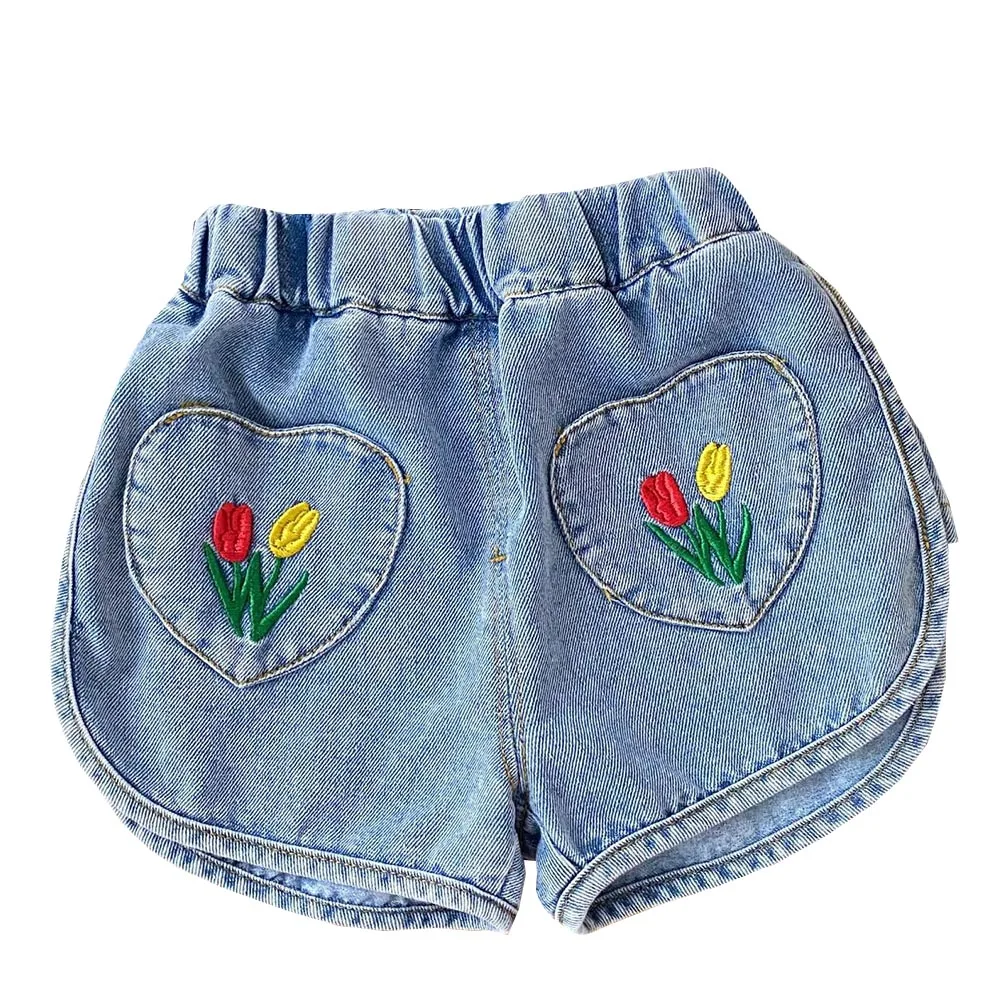 Шорты для маленьких девочек Летние синие джинсовые детские короткие штаны в цветочек Модная детская одежда