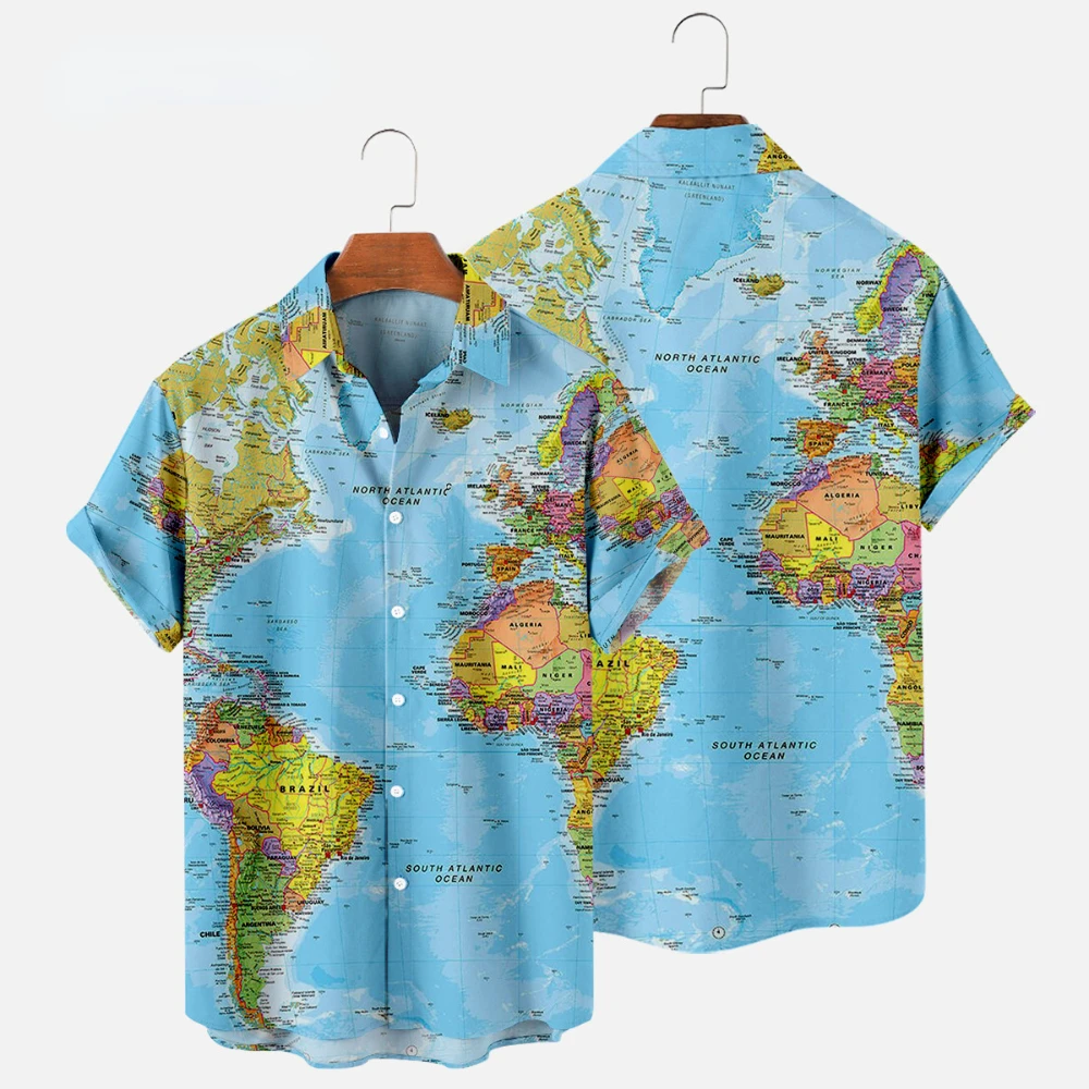Летние мужские рубашки Карта мира Цифровая печать Пуговицы большого размера С короткими рукавами Свободные повседневные рубашки Slim Fit Мода Европейский размер