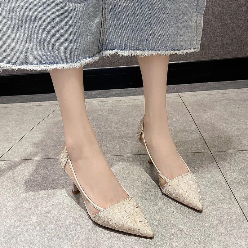 Тонкие тонкие туфли с острым носком, весна и осень 2023, новые дышащие удобные женские туфли на высоком каблуке из мелкой сетки