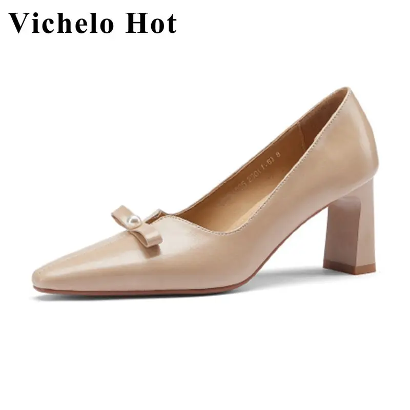 Vichelo/ лидер продаж; большие размеры 40; обувь на мелкой подошве; элегантные женские туфли-лодочки на высоком каблуке с квадратным носком из коровьей спилка с бантиком и жемчугом; l22