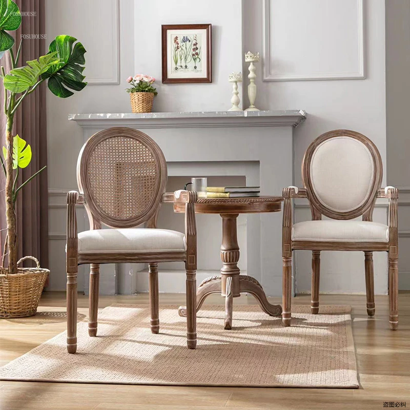 Винтажные обеденные стулья из ротанга, французское кресло из массива дерева, мебель для дома, кафе, стулья со спинкой, Американское загородное кресло для отдыха
