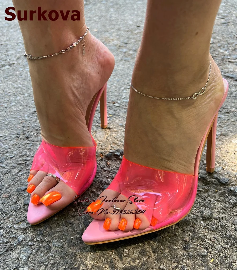 Surkova Ярко-розовые прозрачные ПВХ тапочки на шпильке, милые сандалии без застежки с острым носком, обувь для вечеринок для девочек, Размер 46