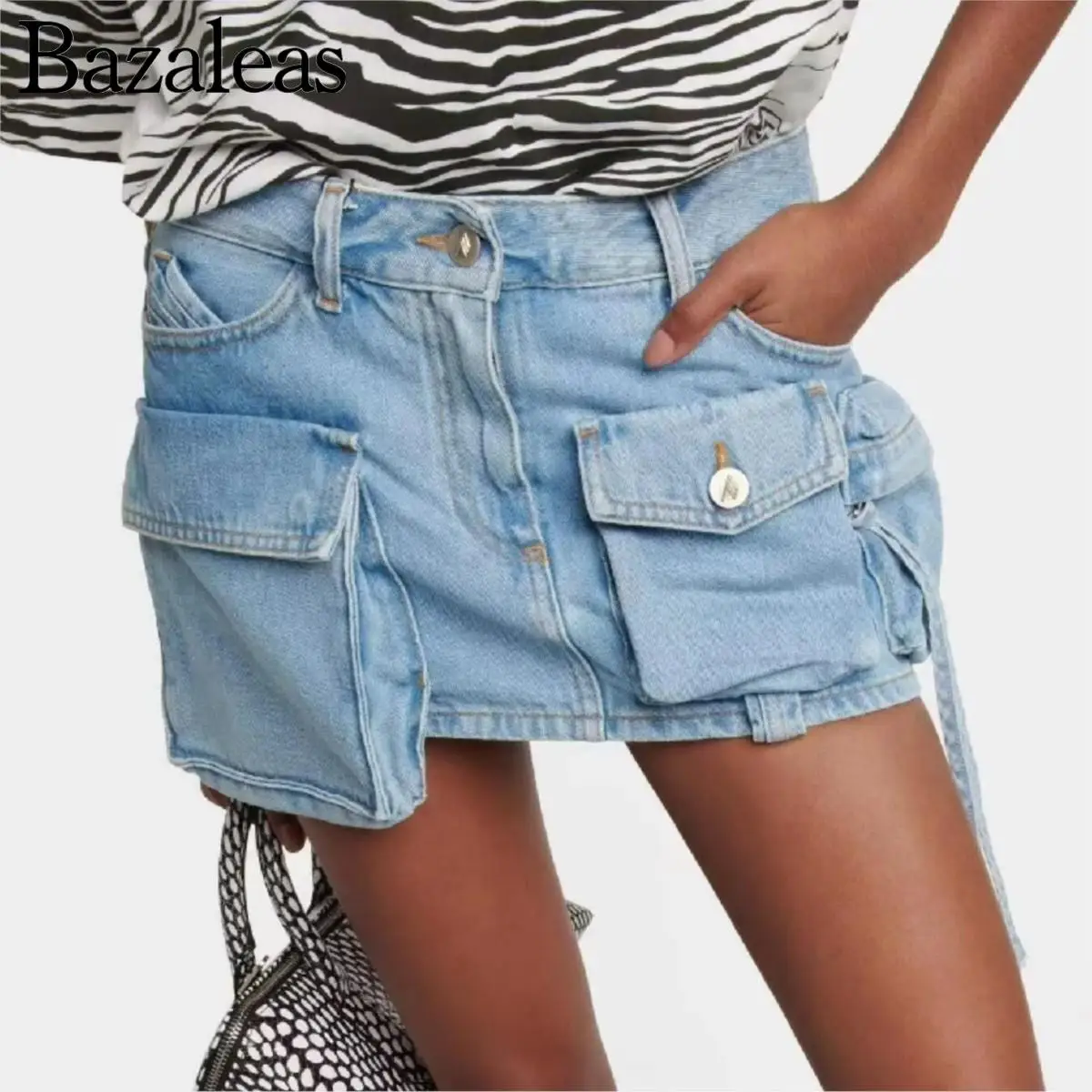 2023 магазин bazaleas Y2K женские крутые юбки с карманами на бедрах синие джинсовые мини юбки с низкой талией винтажные