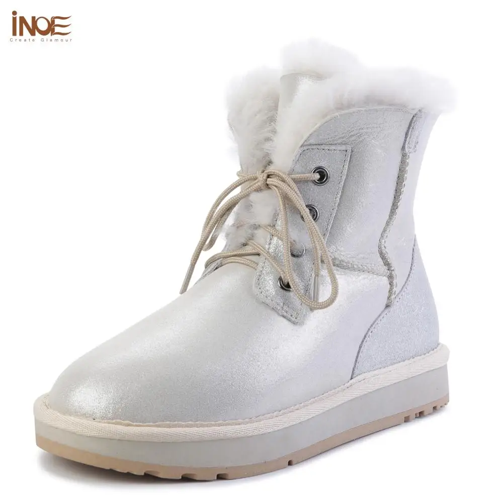 Зимние зимние ботинки INOE из натуральной овчины с подкладкой из натурального меха для женщин, модная короткая водонепроницаемая теплая обувь по щиколотку белого цвета