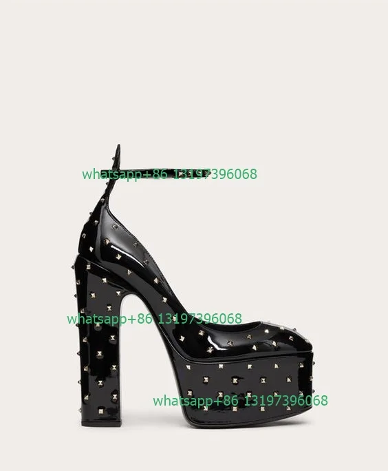 Женские туфли-лодочки из лакированной кожи на платформе с заклепками, массивный каблук с пряжкой, туфли-лодочки на высоком каблуке с металлическими заклепками, офисная женская обувь, размер обуви