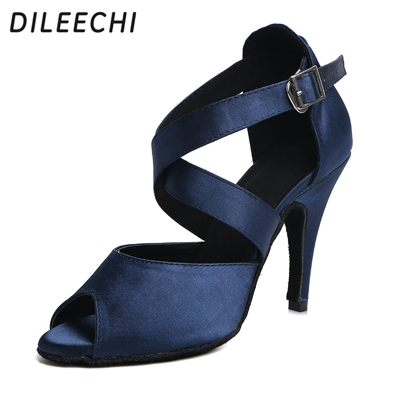 Туфли для латиноамериканских танцев DILEECHI, темно-синие атласные женские туфли на высоком каблуке 10 см, мягкая подошва