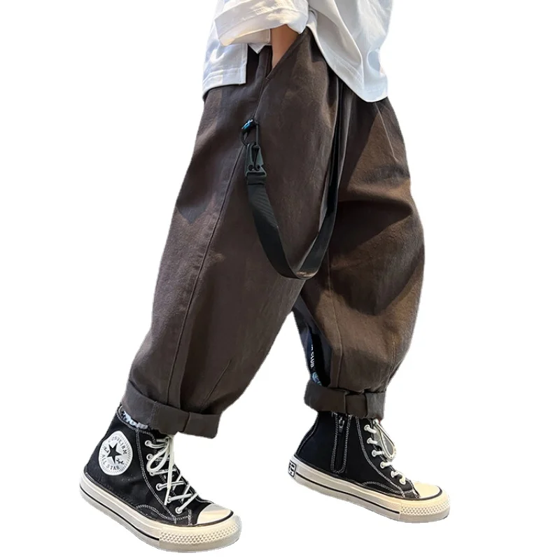 Модные Повседневные брюки для мальчиков, весенние Новые Корейские свободные Широкие брюки с застежкой-пряжкой, дизайнерские спортивные брюки для подростков от 4 до 14 лет