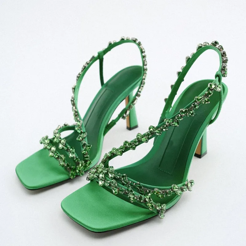 Женская обувь на высоком каблуке со стразами, украшенная бисером, Брендовые дизайнерские сандалии, женские синие Зеленые хрустальные сандалии на высоком каблуке 2023 Лето