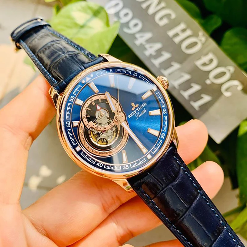 Мужские часы Reef Tiger / RT с синим сапфировым стеклом, водонепроницаемые 50-метровые часы, лучший бренд класса люкс, автоматические механические часы