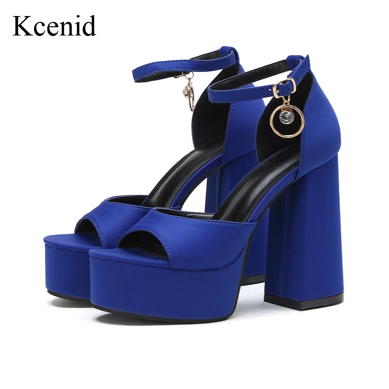 Kcenid/ Новые женские босоножки, Летняя обувь, пикантные туфли с открытым носком на толстом высоком каблуке и платформе, сине-черные вечерние свадебные туфли, Женские туфли-лодочки