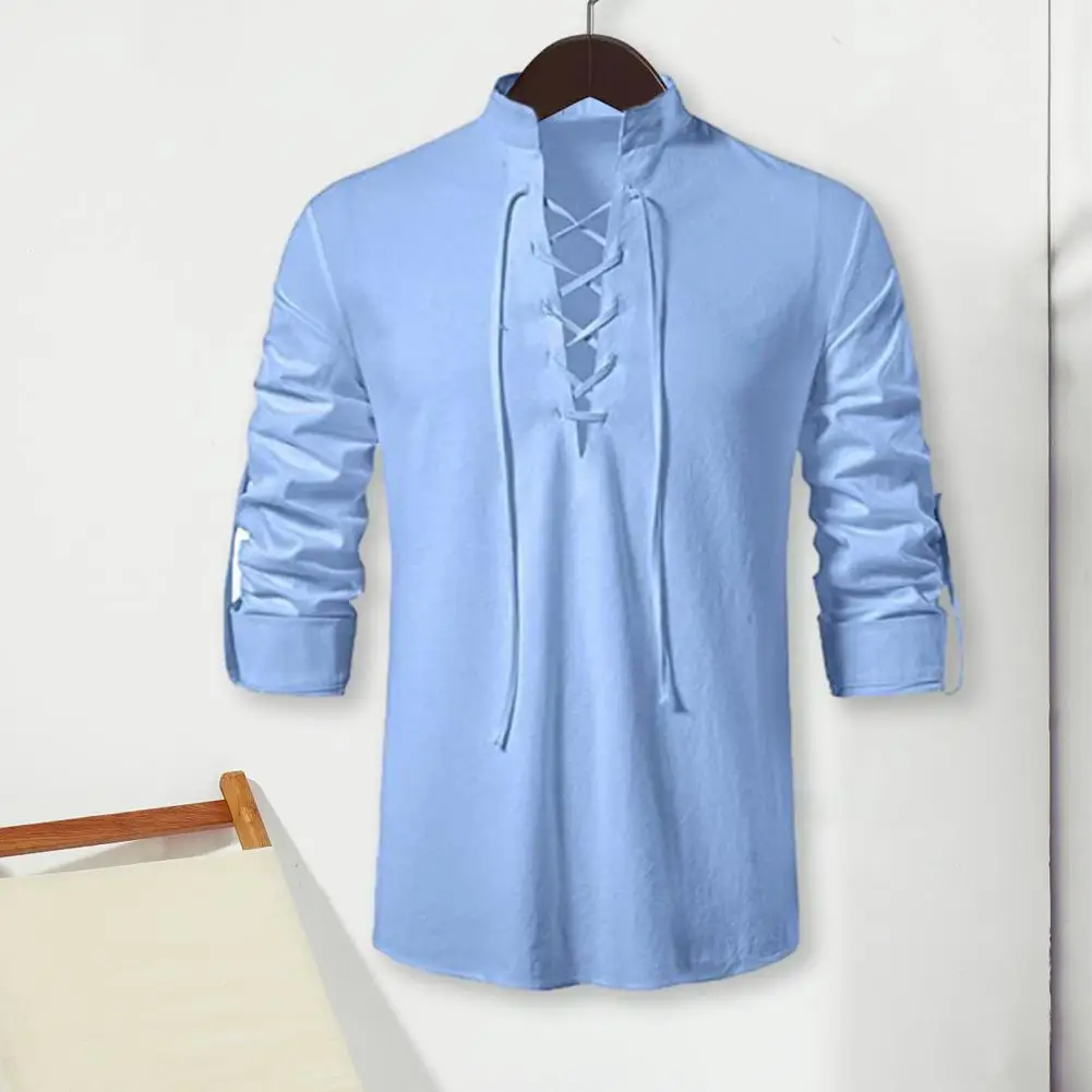 Мужская рубашка, однотонный пуловер на шнуровке, топы, винтажная рубашка с длинными рукавами, топы, Приталенная осенняя повседневная рубашка, мужская одежда