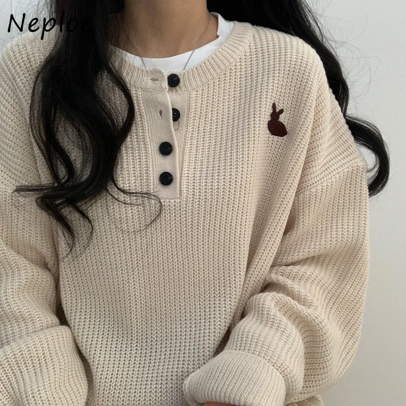 Neploe Корейский Шикарный Простой Повседневный свитер, Женский Свободный Вязаный пуловер, Осень 2023, Однотонная одежда с круглым вырезом и длинными рукавами