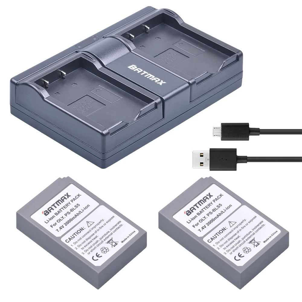 2000 мАч 2шт Аккумулятор BLS-5 BLS5 BLS50 + двойное зарядное устройство USB для Olympus PEN E-PL2, E-PL5, E-PL6, E-PL7, E-PM2, E-M10, E-M10 II, Stylus1