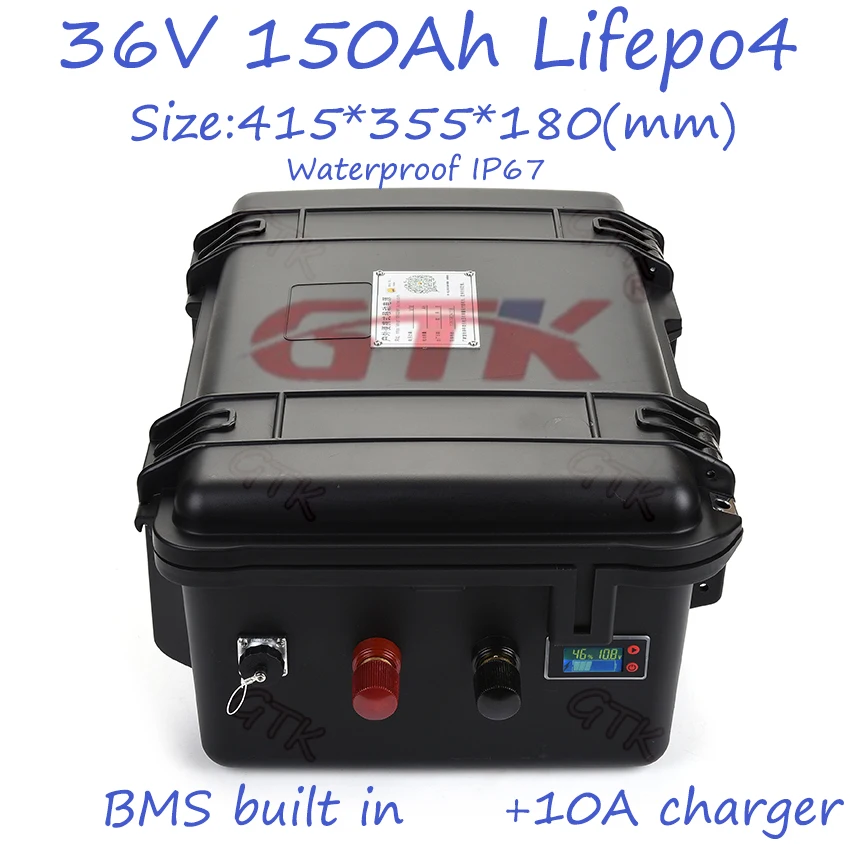 Lifepo4 36v 150Ah Литий-железо-фосфатный аккумулятор LFP soalr BMS встроенный для лодочного мотора RV инвертор водонепроницаемый чехол + зарядное устройство 10A