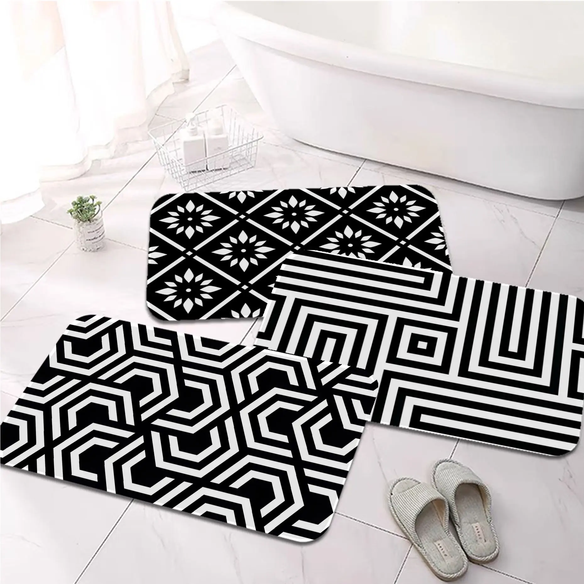 Скандинавский черный геометрический коврик для ванной, противоскользящий, впитывающий воду, подушка с длинной полосой, коврик для спальни, современный декор для дома