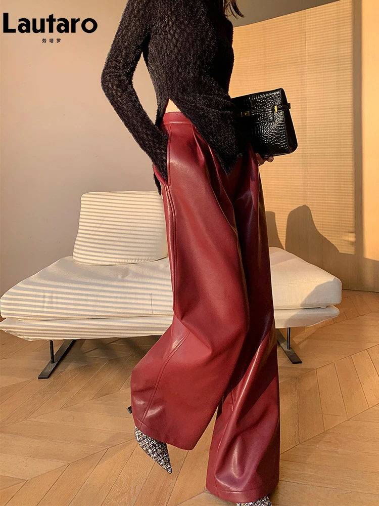 Lautaro Весна-осень, свободные повседневные брюки из мягкой черной бордовой искусственной кожи с широкими штанинами для женщин, высокая талия, корейский стиль, мода 2023 г.