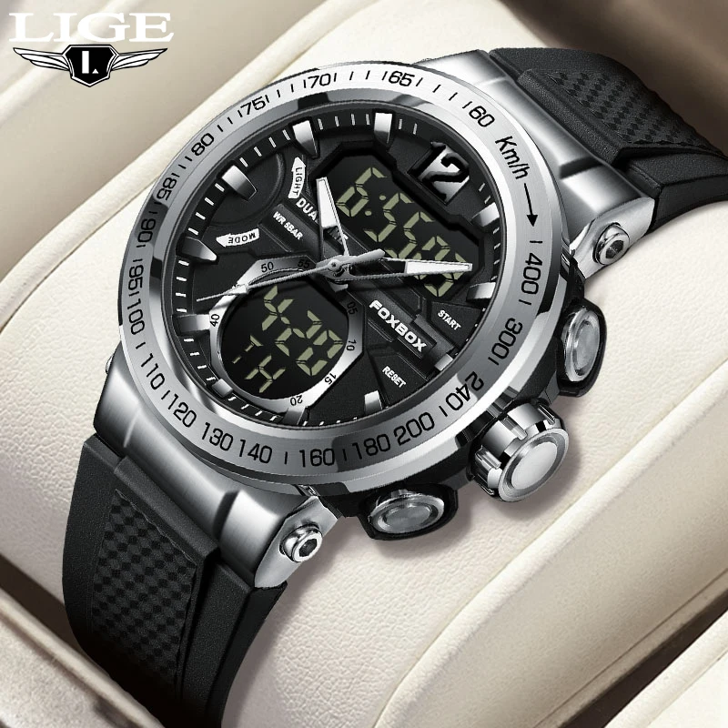 LIGE Новые мужские часы бренда FOXBOX Модные спортивные кварцевые часы с двойным дисплеем для мужчин, водонепроницаемый силиконовый ремешок, военные наручные часы