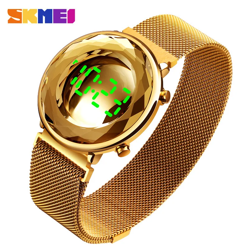 Креативная новая крышка для часов Skmei в форме кристалла, изысканные женские часы, простые модные часы с сетчатым ремешком на магнитной застежке со светодиодной подсветкой
