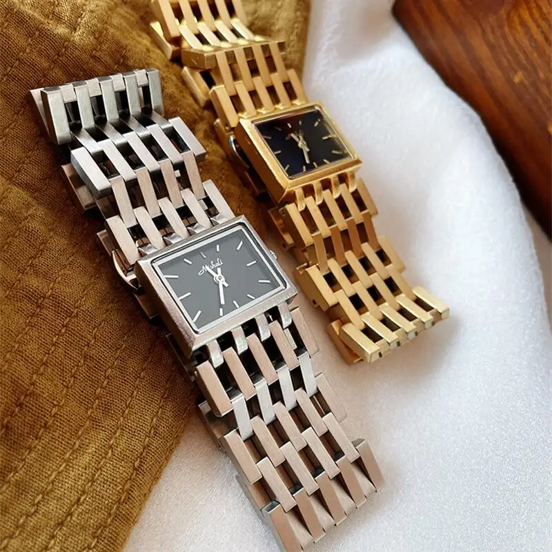 2023 Недавно выпущенные кварцевые женские часы из нержавеющей стали, квадратные часы с тонким циферблатом, выдолбленный ремешок для часов, золотые часы